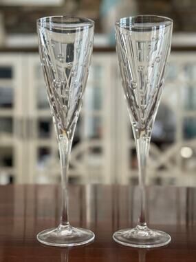 JG Durand Crystal Champagne Flutes Celebration Pattern Set of Two 10 Inch